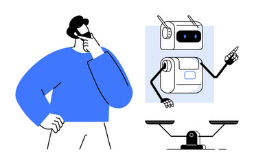 Wall Mural - Man thinking while engaging with a robotic assistant gesturing toward a balance scale. Ideal for technology, AI ethics, decision-making, communication, human-machine interaction, innovation, simple