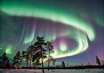 Wall Mural - This image is a mesmerizing photograph or artistic rendering of the Northern Lights in a winter landscape, likely in Finland.