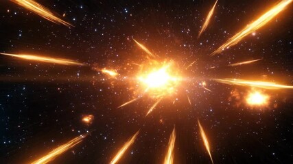 Wall Mural - dynamic space explosion video concept with fiery particles radiating outward. captured from a centra
