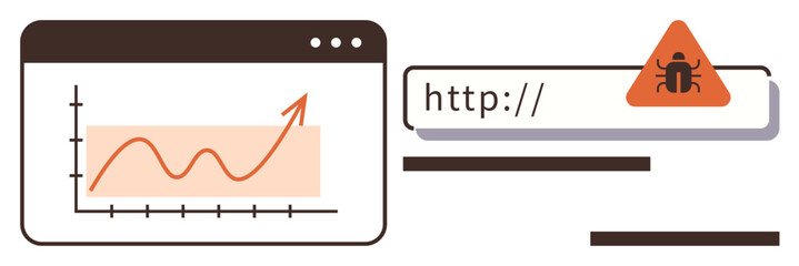 Wall Mural - Line graph with upward trend beside a URL bar containing a bug alert. Ideal for business growth, cybersecurity, data analysis, risk management, online safety, viral trends, simple flat metaphor