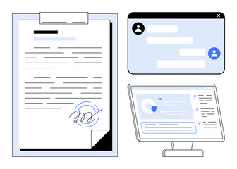 Signed document, chat interface, and analytics on a monitor signify teamwork, communication, document management, analytics, remote work, productivity, and simple landing page