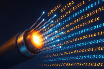Fiber optic cable transmitting data with binary code flowing in orange and blue transmission