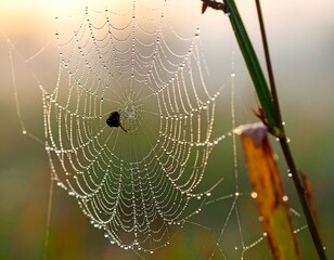 Dew-kissed spiderweb in morning light