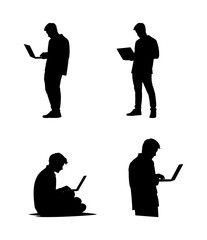 set of silhouettes of people using laptops, isolated background