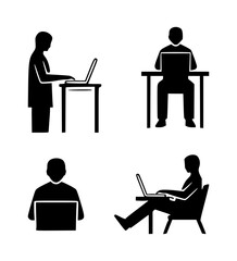 set of silhouettes of people using laptops, isolated background