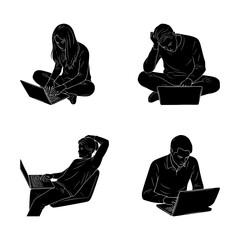 set of silhouettes of people using laptops, isolated background