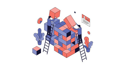 Teamwork builds strong foundations two workers collaborate on a modern structure with precision and ladders