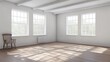 © Fikri - Bright and airy minimalist interior with sunlit wooden floor and classic chair creating inviting