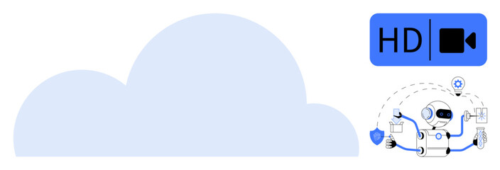 Robot interacts with cloud computing, high-definition video, and secure file sharing. Ideal for AI, automation, cloud storage, data security, innovation multimedia technology concepts. Simple flat