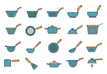 20 blue cooking utensils with orange handles including pots pans and strainers arranged on a white background