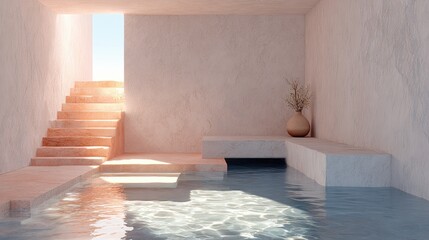 Wall Mural - Light-filled, minimalist interior with steps and water feature