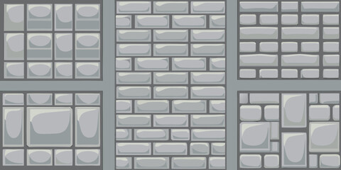 Collection of six different grey stone wall textures and patterns in a grid layout