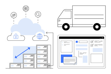 Digital cloud linking transport, server farm, icons, and web interface. Ideal for logistics, data management, technology, connectivity security business growth cloud solutions. Simple flat