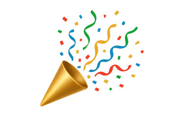 Golden party popper exploding with colorful confetti and streamers on transparent background