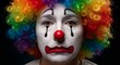 © Naima - Close-up portrait of a sad clown wearing a colorful rainbow wig, with white face paint and red nose, against a dark background conveying a melancholic mood.