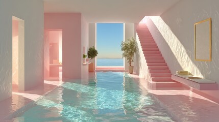 Wall Mural - Pink interior pool with ocean view
