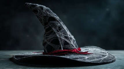 A black witch hat adorned with intricate web-like patterns at the top and a bright red ribbon at the front,