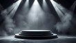 © Hanuman - Empty dramatic showcase with podium in glowing silver haze, strong spotlight piercing through smoke.