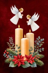 Wall Mural - two angels praying over three burning candles, poinsettia flowers and christmas decoration on red ba