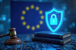 © Vadym - European Cyber Resilience Act with shield icon, padlock EU data protection, digital security laws. Includes gavel, legal books representing justice, regulation, emphasizing cyber governance, network