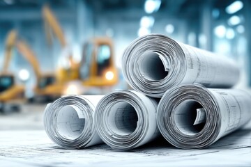 Rolled blueprints atop a table, industrial background