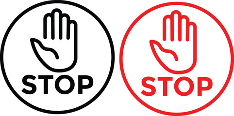 Wall Mural - hand stop icon set. Red and black stop sign with hand icon set, stop hand icon. vector png illustration.
