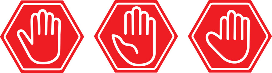 Wall Mural - hand stop icon set. Red and black stop sign with hand icon set, stop hand icon. vector png illustration.
