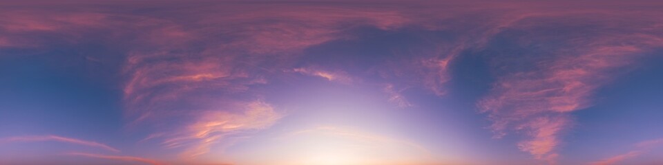 Wall Mural - sunset sky with bright glowing pink cirrus clouds. seamless spherical hdr 360 panorama. full zenith 