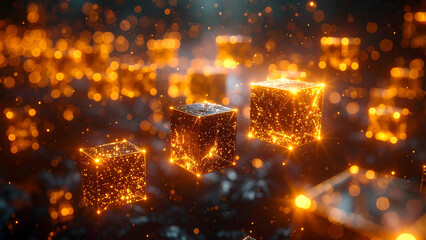 Abstract digital landscape of glowing cubes representing cryptocurrency blockchain technology and decentralized finance