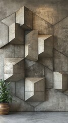 This modern, industrial stock photo features a 3D geometric wall of concrete blocks. It's a great background for architectural firms, interior design blogs, or websites showcasing urban development