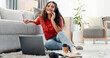 © peopleimages.com - Woman, phone call and student on floor in home, happy and contact with chat, listen or gossip in lounge. Girl, smartphone and smile with conversation, funny story or laugh at joke in living room