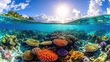 Vibrant coral reef teeming with colorful fish under a bright sunny sky, showcasing the breathtaking beauty of the underwater world.