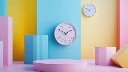 Sticker - A modern aesthetic featuring vibrant pastel colors, geometric shapes, and clocks. This image embodies creativity and time. Ideal for design and lifestyle use. Generative AI