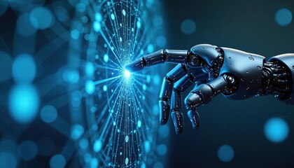 Robotic hand interacts with glowing blue digital network, future technology, AI. Futuristic illustration features mechanical arm touching complex web of connections, representing innovation, data.