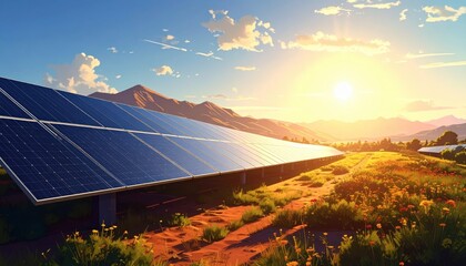 A large array of solar panels sits on a field of colorful wildflowers, bathed in the warm glow of a vibrant sunset over a mountainous horizon.