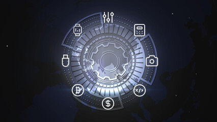Wall Mural - Futuristic Technology Interface Hologram with Financial and Cryptocurrency Icons
