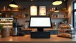 © Vadym - Modern coffee shop counter features digital POS system with blank screen menu board. Displayed pastries in glass case, espresso machine. Optimized for retail, hospitality business, technology themes.