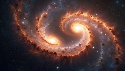 Wall Mural - Two spiral galaxies in cosmic space dance, forming celestial embrace. Vibrant nebulae, stellar dust, bright starlight create stunning cosmic formation. Astrophysics phenomenon immensity, motion in