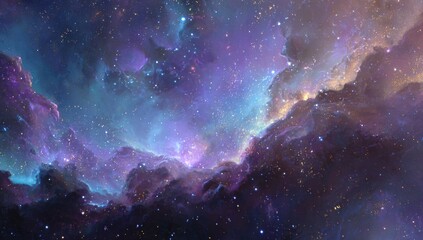 Vast expanse of nebulae, swirling colors and scattered stars.  Cosmic clouds in vibrant purples, blues, and pinks