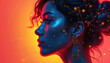 © Vadym - Digital portrait captures woman profile with abstract geometric patterns. Vibrant blues, reds, yellows create futuristic, thought-provoking artwork. Woman wears ornate dangling earrings. Glowing