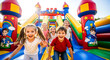 © DNA STUDIO - Joyful children gleefully slide down a vibrant inflatable bouncy castle their faces beaming with excitement and laughter on a sunny day