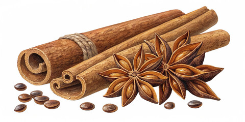 cinnamon sticks star anise and coffee beans aromatic baking spices for cooking and culinary use isolated on white background.