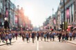 © Golden - A blurred street scene filled with crowds of pedestrians moving down a city avenue, bathed in the warm glow of sunlight, creating a dynamic urban landscape