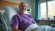 © Vadym - Middle-aged bald man in purple t-shirt smiles from hospital bed. Successful cancer treatment, chemotherapy recovery. Medical concept of patient survivor undergoing therapy, showing hope.