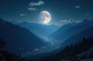 Wall Mural - Majestic full moon illuminates a dark valley nestled between towering mountains at night. Stars twinkle in the sky above soft clouds. Distant town lights glow, creating a serene, magical landscape.