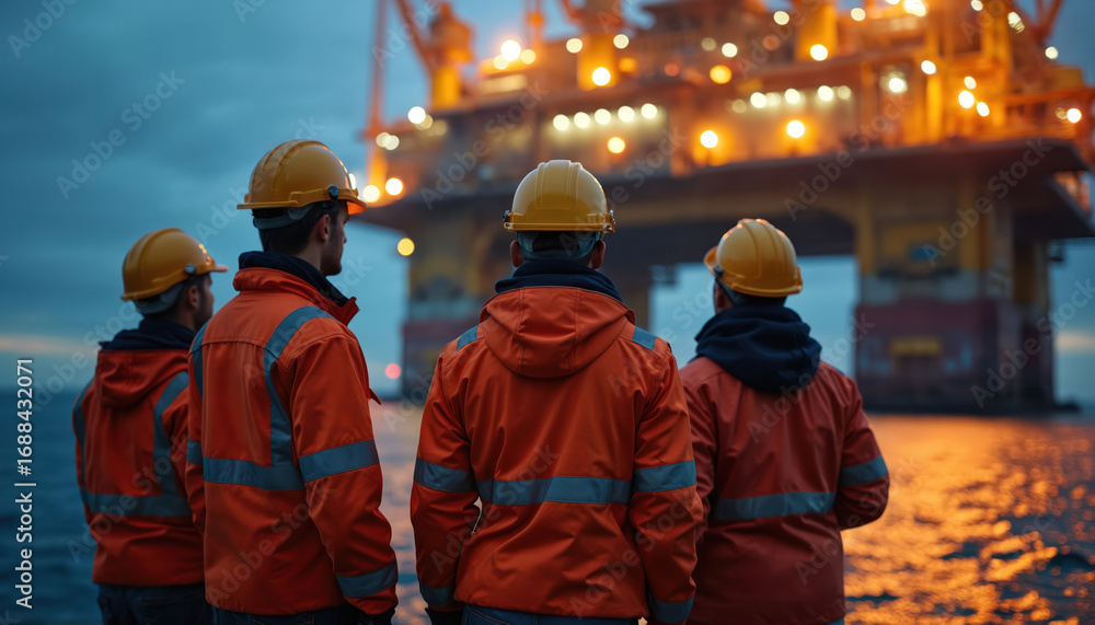Oil Rig Jacket Member Team of four workers in orange safety jackets, yellow helmets stand on ...