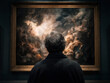 © Hedgehog & Piglet сo - Art gallery visitor, man, back view, large abstract painting, framed canvas, museum interior, moody lighting, contemplative atmosphere, fine art exhibition, culture, inspiration