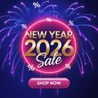 © Pixzart - New year 2026 sale banner with fireworks and percentage signs, shop now button