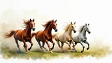 Four majestic horses, mix of chestnut, bay, white, gallop dynamically across rich green field in vibrant watercolor style. Artwork captures raw energy, freedom, grace of powerful equine animals in