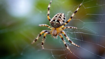 A spider meticulously constructs its web among vibrant greenery. Sunlight filters through the leaves, highlighting the intricate patterns of silk and the spider's detailed features.